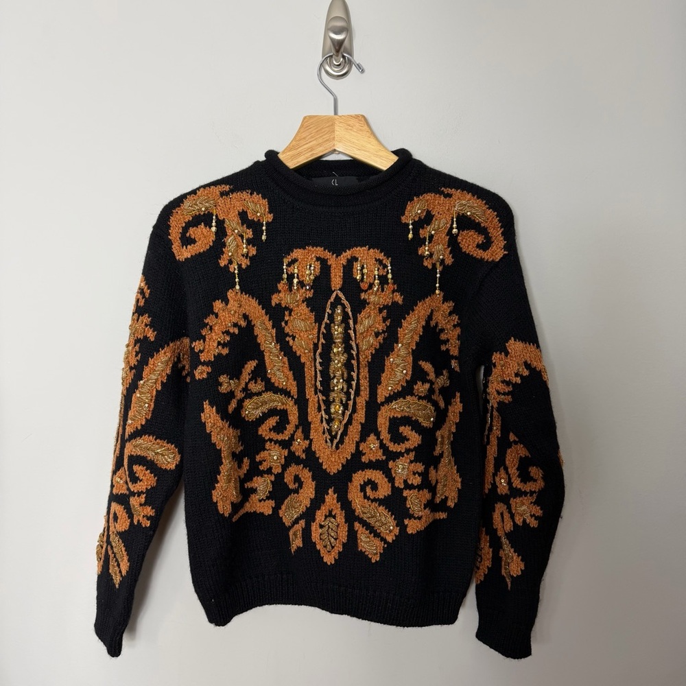 Vintage Carole Little Hand Knit Roll Neck Sweater Beaded Black Gold Small H